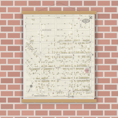 Old map wall art mockup — magnetic wood frame on brick wall — Sanborn Fire Insurance Map from Washington, Washington County, Pennsylvania (1914), Sheet #0037