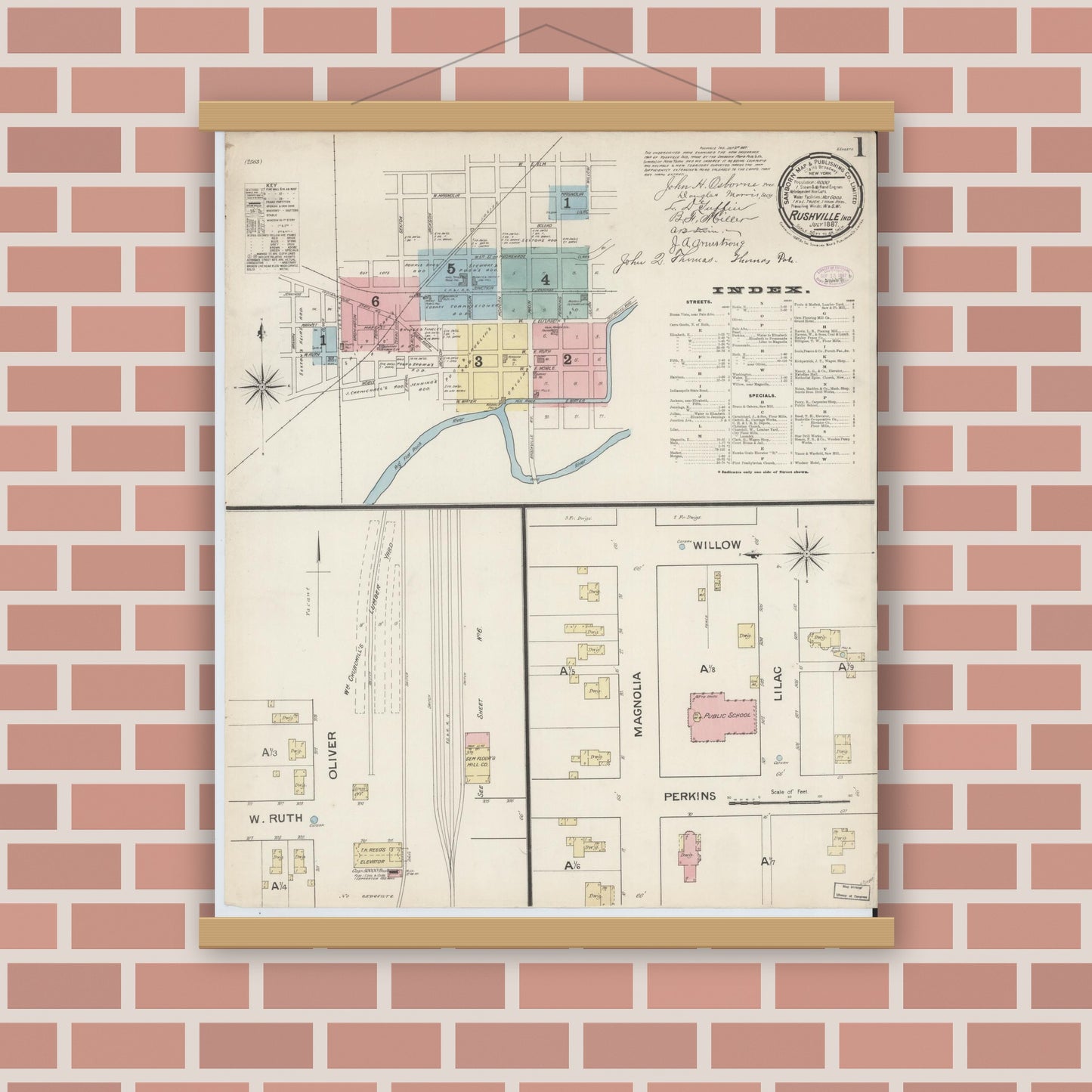 Old map wall art mockup — magnetic wood frame on brick wall — Sanborn Fire Insurance Map from Rushville, Rush County, Indiana (1887), Sheet #0001