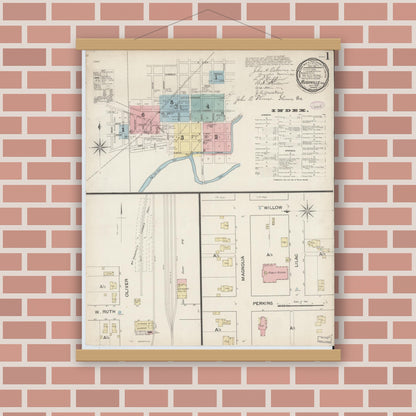 Old map wall art mockup — magnetic wood frame on brick wall — Sanborn Fire Insurance Map from Rushville, Rush County, Indiana (1887), Sheet #0001