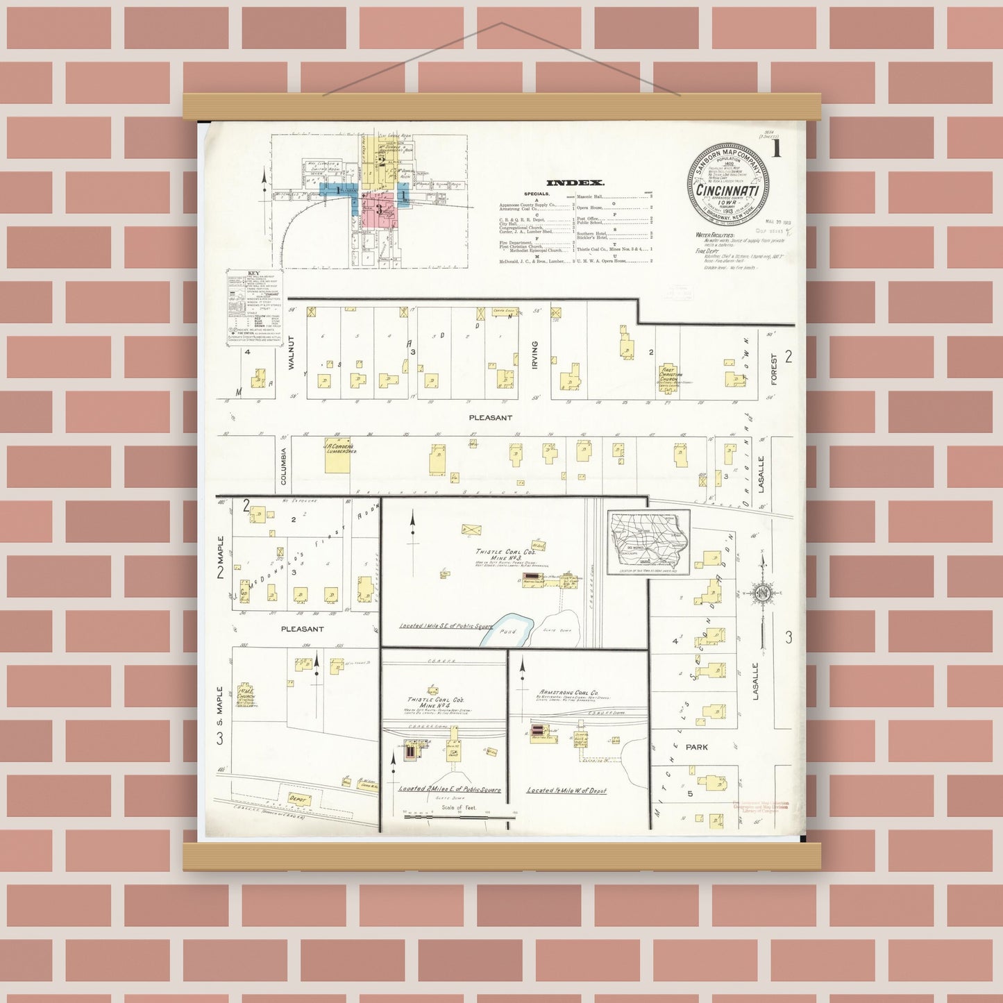 Old map wall art mockup — magnetic wood frame on brick wall — Sanborn Fire Insurance Map from Cincinnati, Appanoose County, Iowa (1913), Sheet #0001