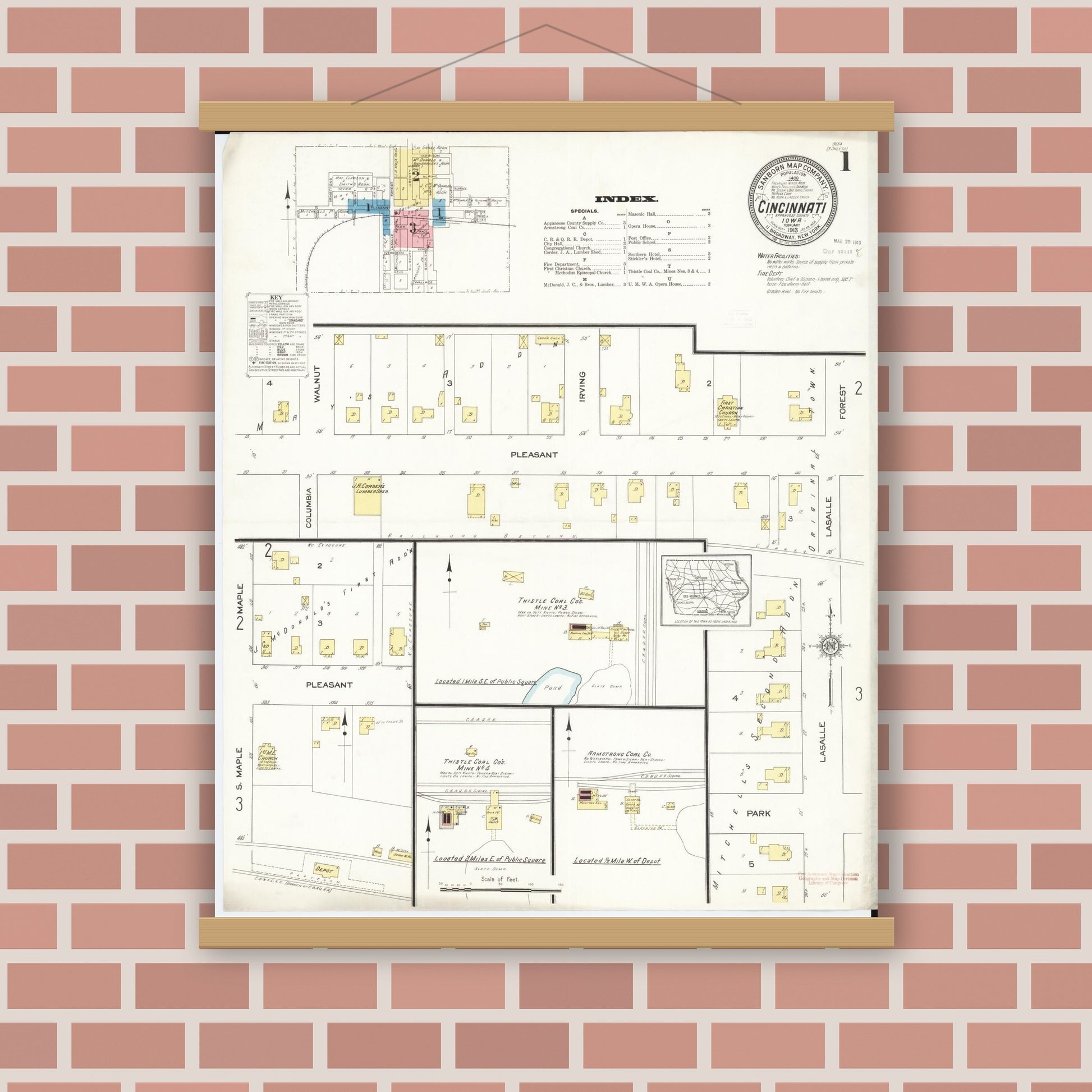 Old map wall art mockup — magnetic wood frame on brick wall — Sanborn Fire Insurance Map from Cincinnati, Appanoose County, Iowa (1913), Sheet #0001