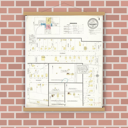 Old map wall art mockup — magnetic wood frame on brick wall — Sanborn Fire Insurance Map from Cincinnati, Appanoose County, Iowa (1913), Sheet #0001