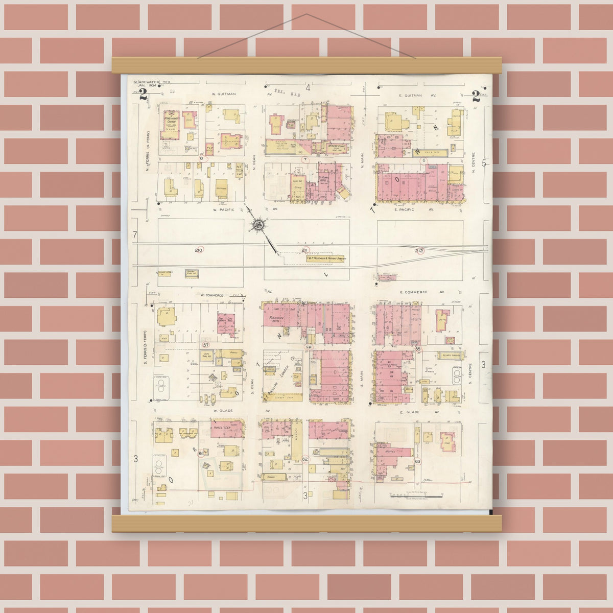 Old map wall art mockup — magnetic wood frame on brick wall — Sanborn Fire Insurance Map from Gladewater, Gregg County, Texas (1938), Sheet #0002