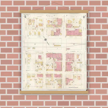 Old map wall art mockup — magnetic wood frame on brick wall — Sanborn Fire Insurance Map from Gladewater, Gregg County, Texas (1938), Sheet #0002