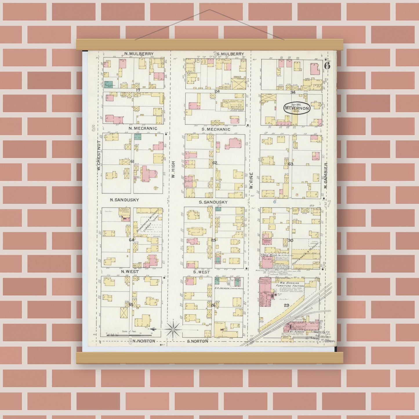 Old map wall art mockup — magnetic wood frame on brick wall — Sanborn Fire Insurance Map from Mount Vernon, Knox County, Ohio (1892), Sheet #0006