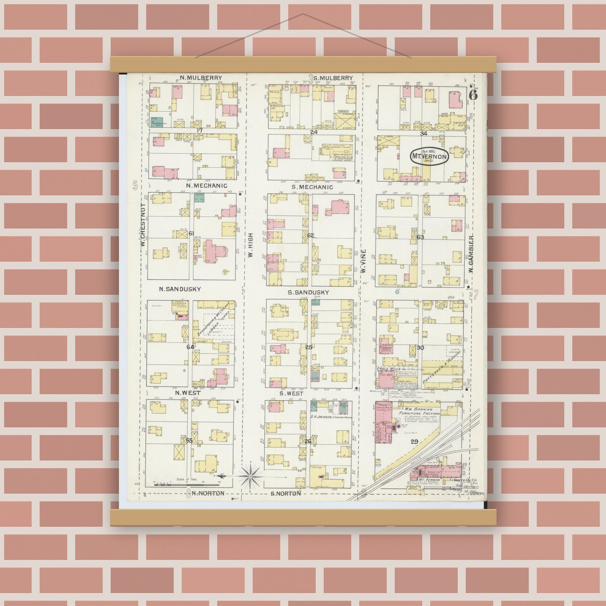 Old map wall art mockup — magnetic wood frame on brick wall — Sanborn Fire Insurance Map from Mount Vernon, Knox County, Ohio (1892), Sheet #0006