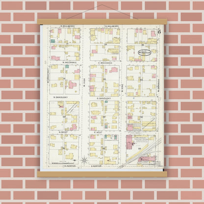 Old map wall art mockup — magnetic wood frame on brick wall — Sanborn Fire Insurance Map from Mount Vernon, Knox County, Ohio (1892), Sheet #0006
