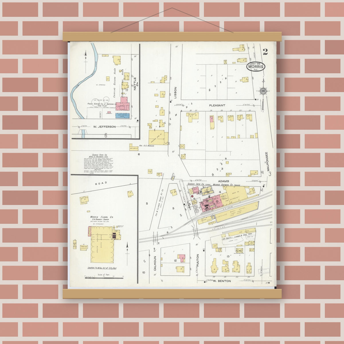 Old map wall art mockup — magnetic wood frame on brick wall — Sanborn Fire Insurance Map from Morris, Grundy County, Illinois (1916), Sheet #0002