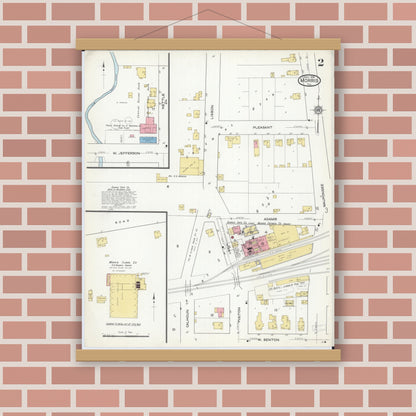 Old map wall art mockup — magnetic wood frame on brick wall — Sanborn Fire Insurance Map from Morris, Grundy County, Illinois (1916), Sheet #0002