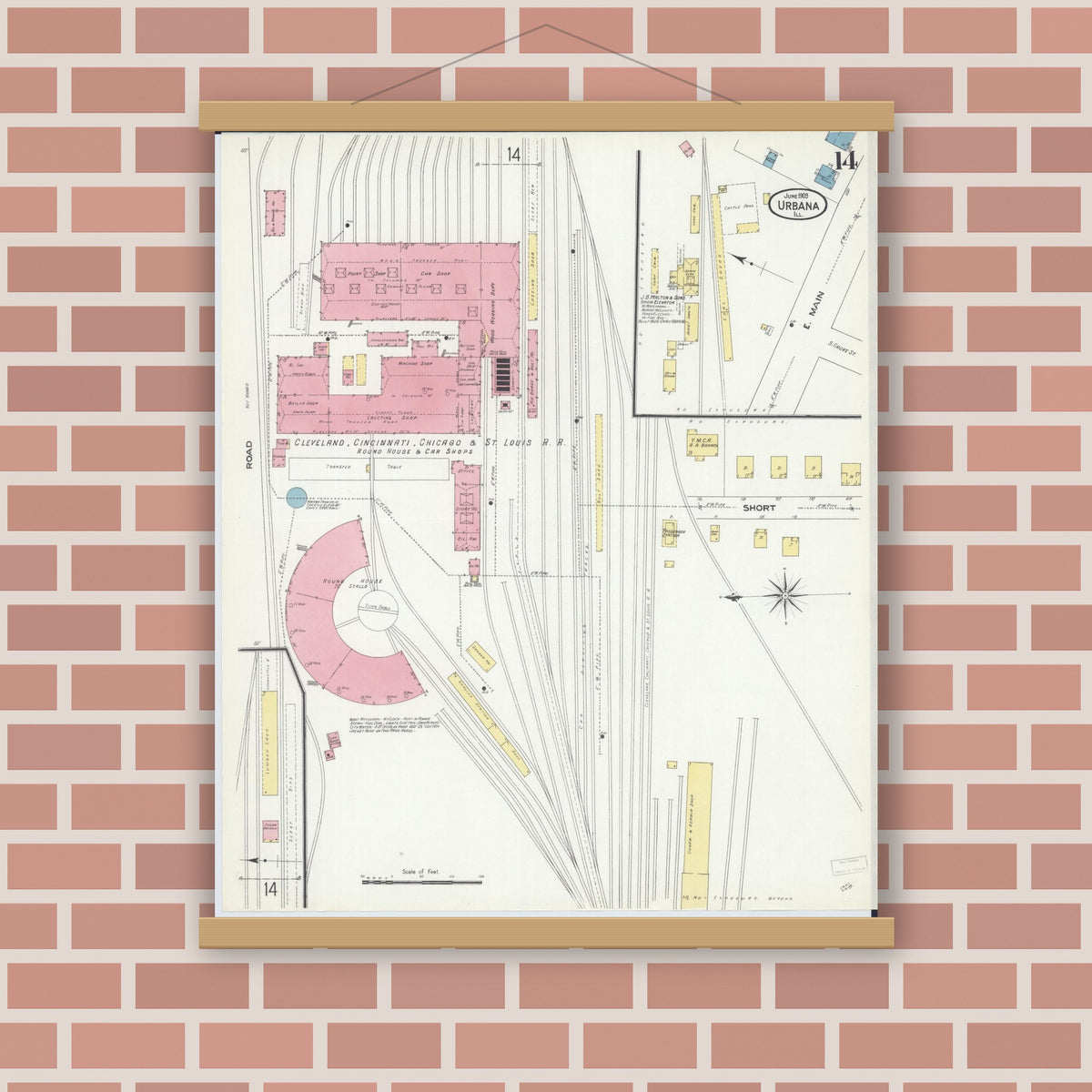 Old map wall art mockup — magnetic wood frame on brick wall — Sanborn Fire Insurance Map from Urbana, Champaign County, Illinois (1909), Sheet #0014