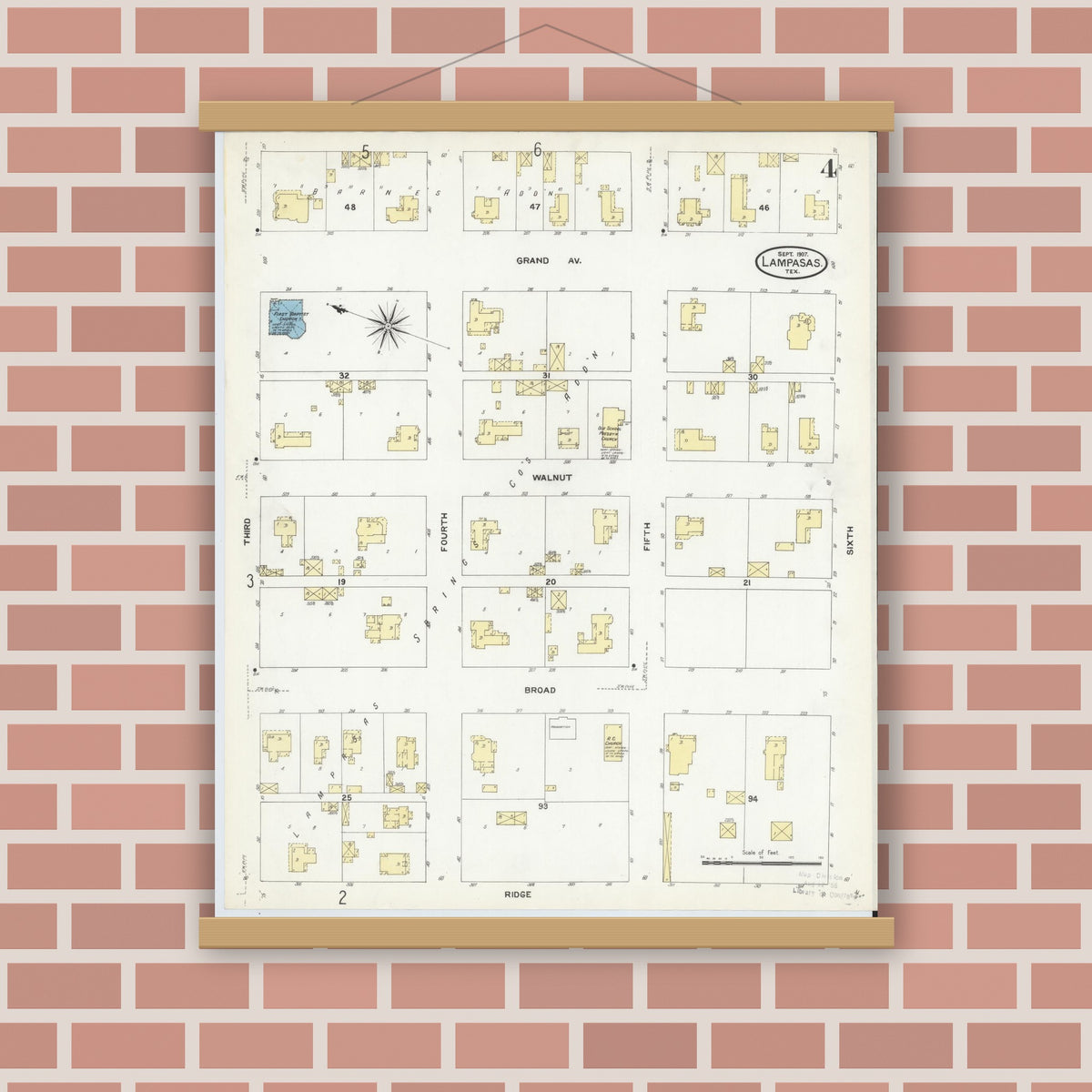 Old map wall art mockup — magnetic wood frame on brick wall — Sanborn Fire Insurance Map from Lampasas, Lampasas County, Texas (1907), Sheet #0004