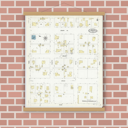 Old map wall art mockup — magnetic wood frame on brick wall — Sanborn Fire Insurance Map from Lampasas, Lampasas County, Texas (1907), Sheet #0004