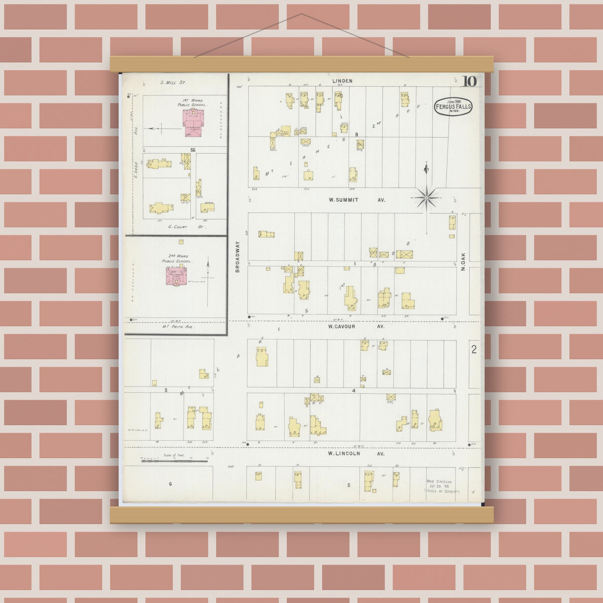 Old map wall art mockup — magnetic wood frame on brick wall — Sanborn Fire Insurance Map from Fergus Falls, Otter Tail County, Minnesota (1896), Sheet #0010