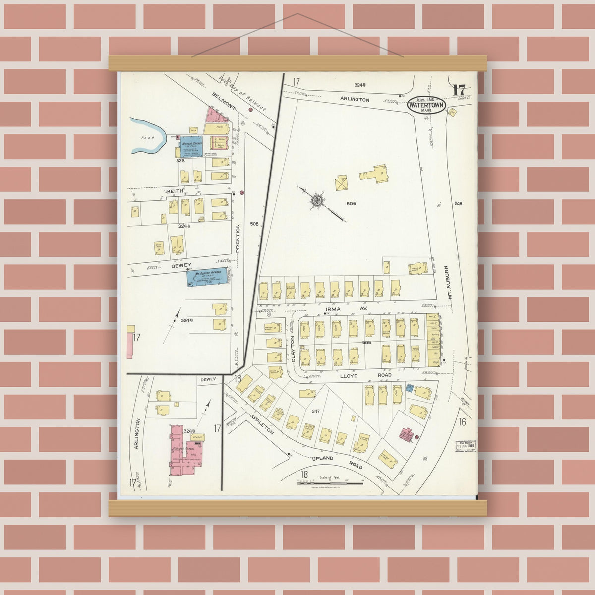 Old map wall art mockup — magnetic wood frame on brick wall — Sanborn Fire Insurance Map from Watertown, Middlesex County, Massachusetts (1916), Sheet #0017