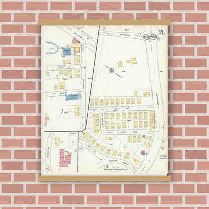 Old map wall art mockup — magnetic wood frame on brick wall — Sanborn Fire Insurance Map from Watertown, Middlesex County, Massachusetts (1916), Sheet #0017