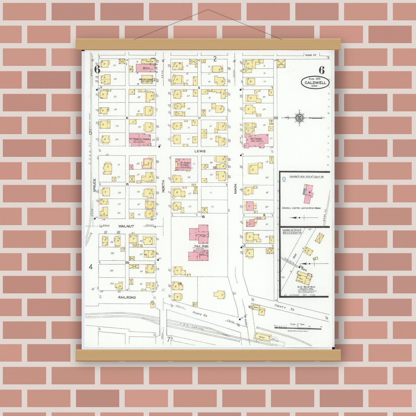Old map wall art mockup — magnetic wood frame on brick wall — Sanborn Fire Insurance Map from Caldwell, Noble County, Ohio (1923), Sheet #0006