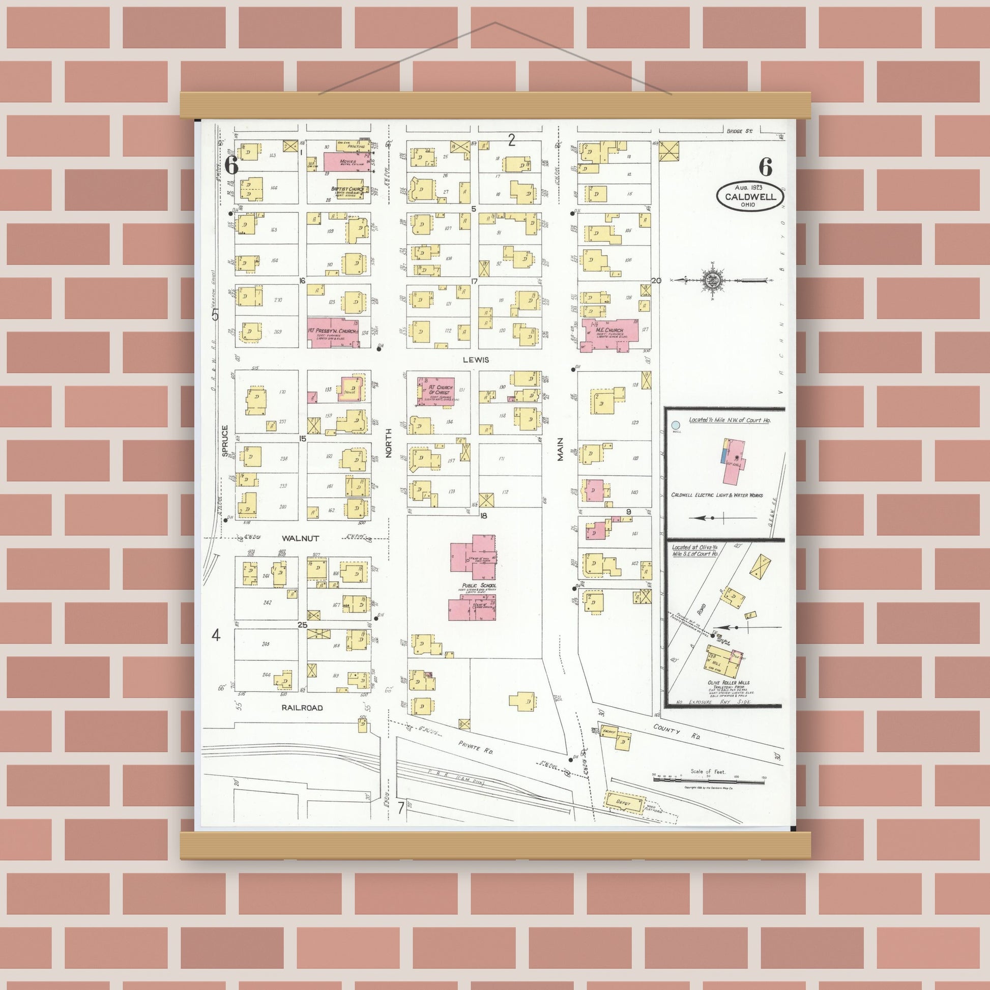 Old map wall art mockup — magnetic wood frame on brick wall — Sanborn Fire Insurance Map from Caldwell, Noble County, Ohio (1923), Sheet #0006