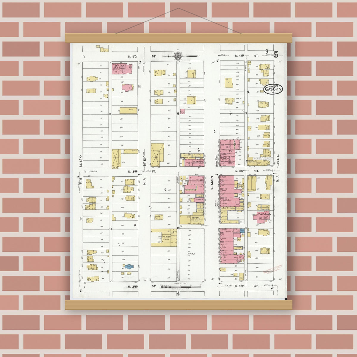 Old map wall art mockup — magnetic wood frame on brick wall — Sanborn Fire Insurance Map from Gas City, Grant County, Indiana (1920), Sheet #0005