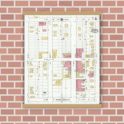 Old map wall art mockup — magnetic wood frame on brick wall — Sanborn Fire Insurance Map from Gas City, Grant County, Indiana (1920), Sheet #0005