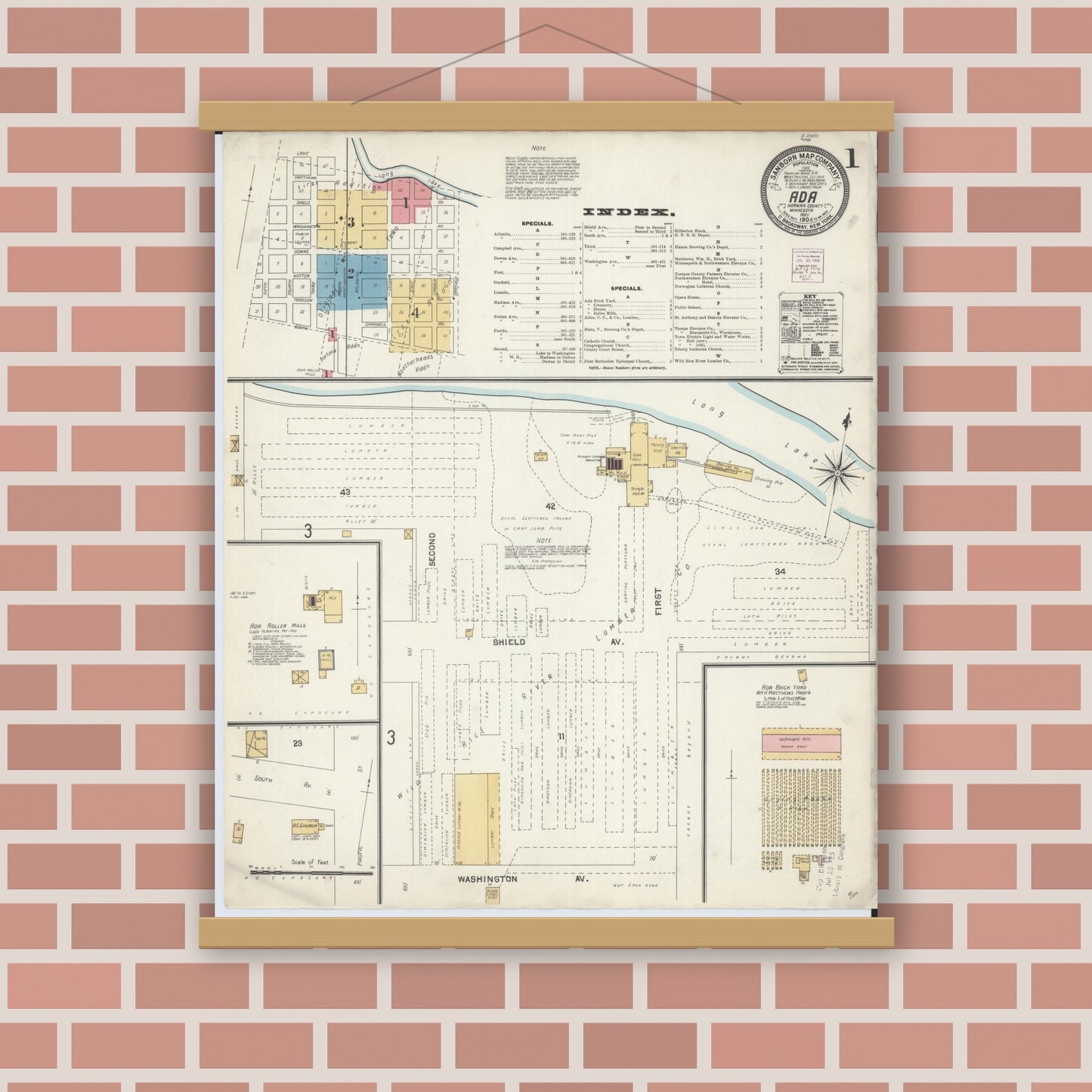 Old map wall art mockup — magnetic wood frame on brick wall — Sanborn Fire Insurance Map from Ada, Norman County, Minnesota (1904), Sheet #0001