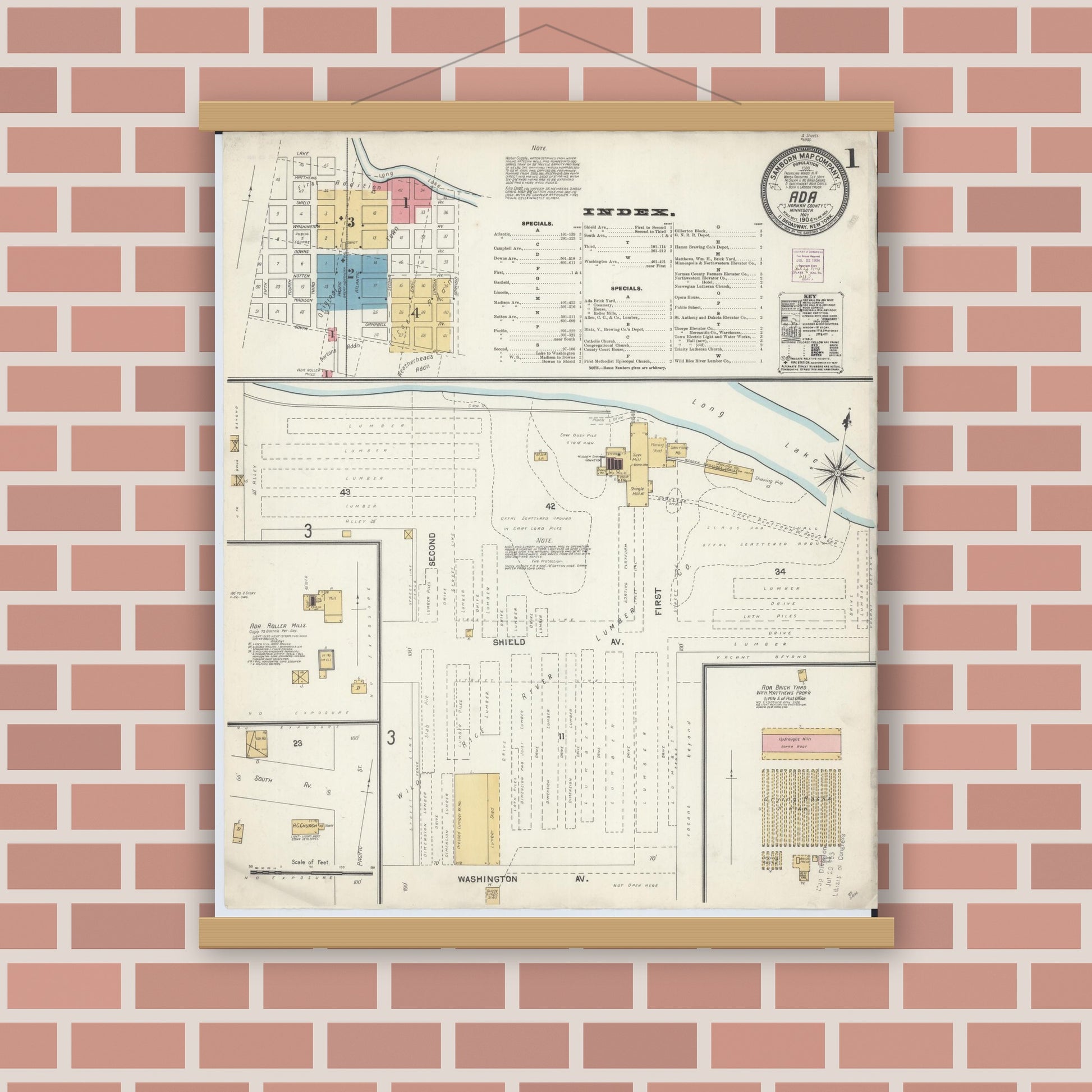 Old map wall art mockup — magnetic wood frame on brick wall — Sanborn Fire Insurance Map from Ada, Norman County, Minnesota (1904), Sheet #0001