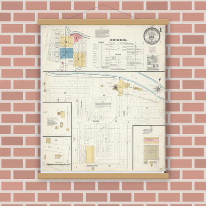 Old map wall art mockup — magnetic wood frame on brick wall — Sanborn Fire Insurance Map from Ada, Norman County, Minnesota (1904), Sheet #0001