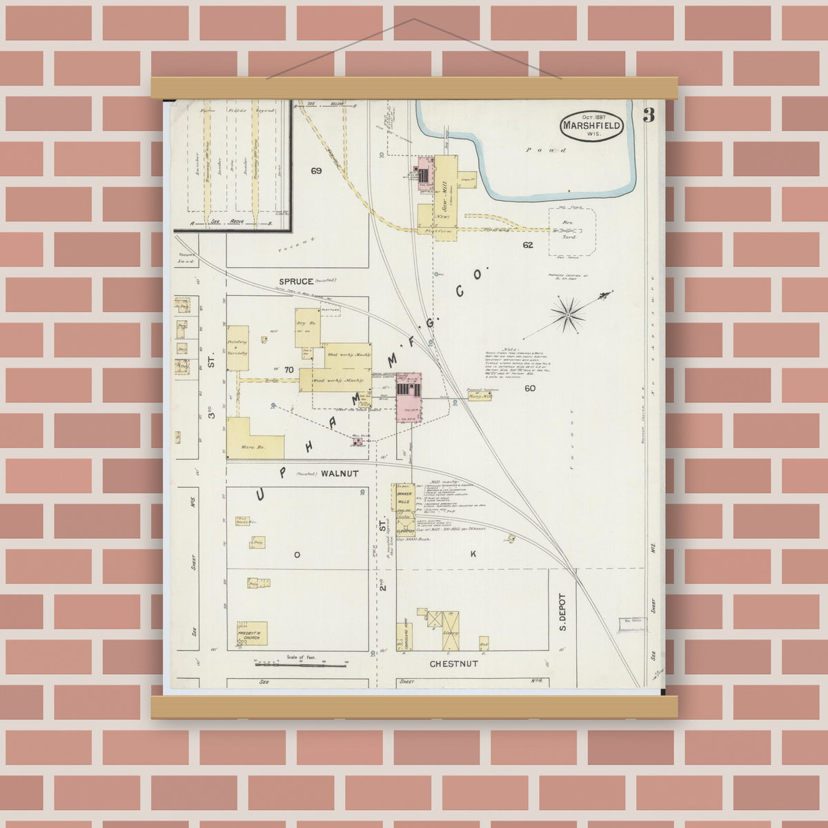 Old map wall art mockup — magnetic wood frame on brick wall — Sanborn Fire Insurance Map from Marshfield, Wood County, Wisconsin (1887), Sheet #0003