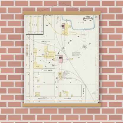 Old map wall art mockup — magnetic wood frame on brick wall — Sanborn Fire Insurance Map from Marshfield, Wood County, Wisconsin (1887), Sheet #0003