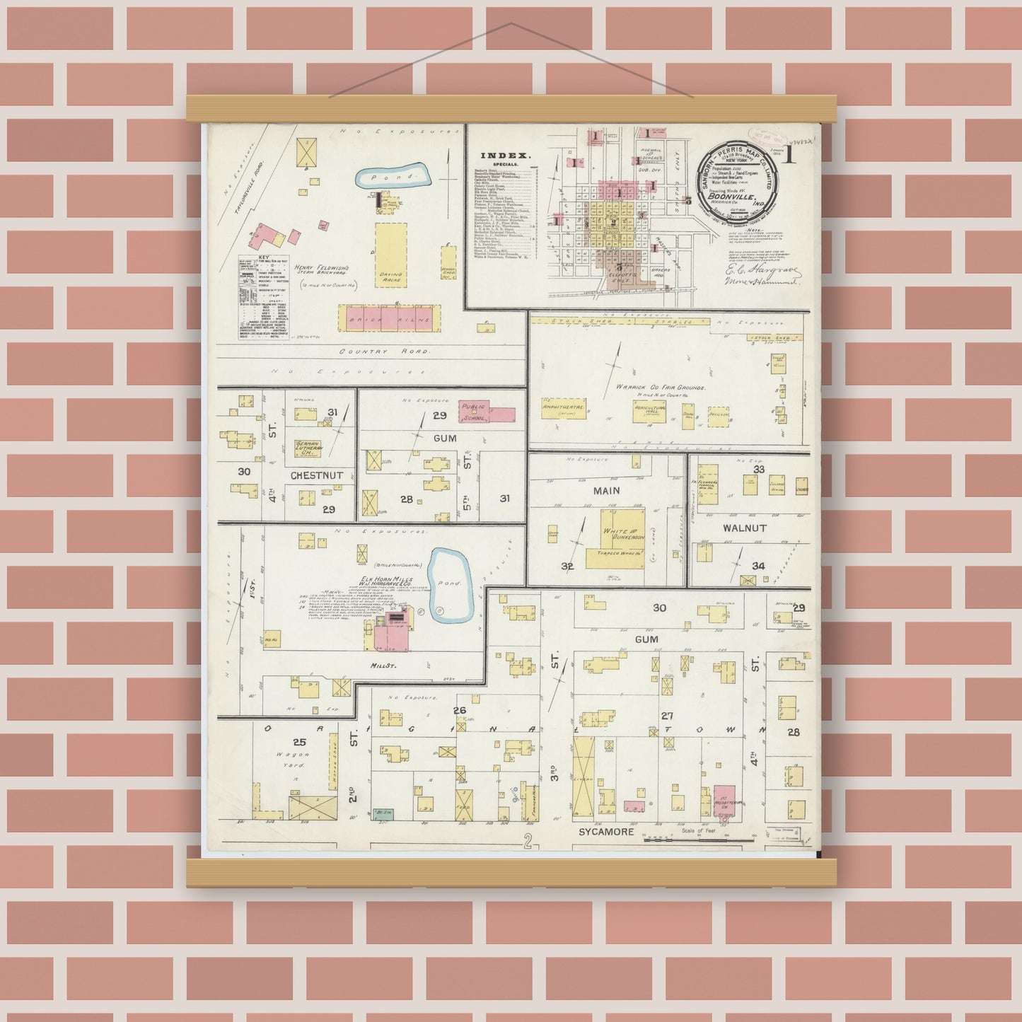 Old map wall art mockup — magnetic wood frame on brick wall — Sanborn Fire Insurance Map from Boonville, Warrick County, Indiana (1892) - Complete Map Set
