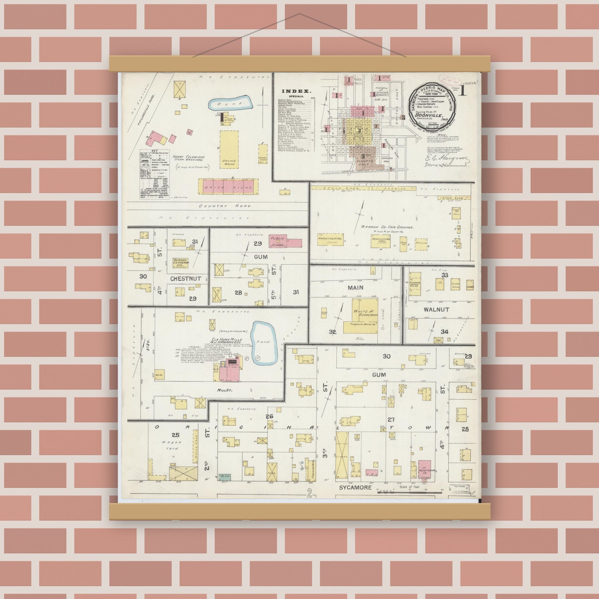 Old map wall art mockup — magnetic wood frame on brick wall — Sanborn Fire Insurance Map from Boonville, Warrick County, Indiana (1892) - Complete Map Set