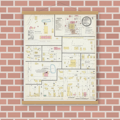 Old map wall art mockup — magnetic wood frame on brick wall — Sanborn Fire Insurance Map from Boonville, Warrick County, Indiana (1892) - Complete Map Set