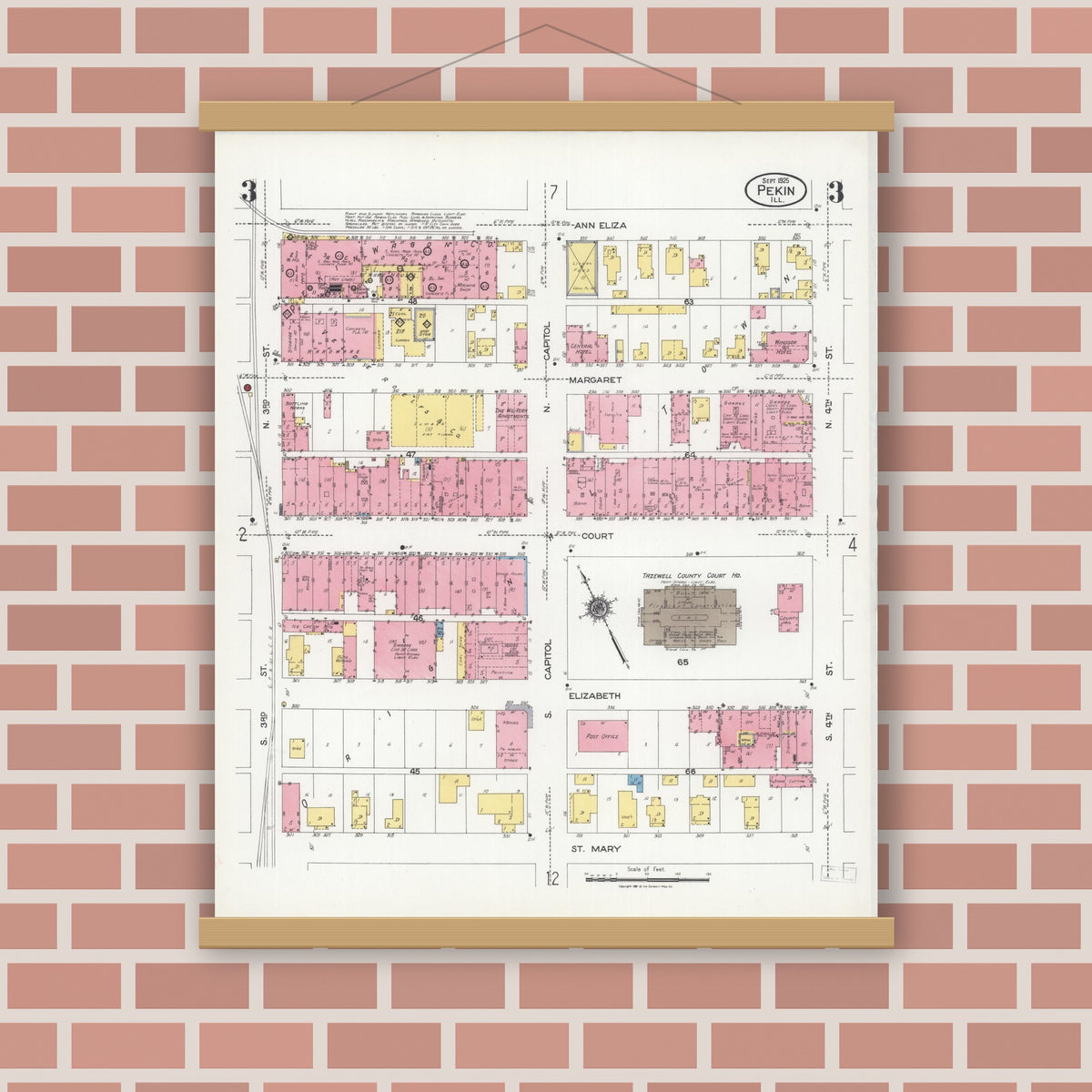 Old map wall art mockup — magnetic wood frame on brick wall — Sanborn Fire Insurance Map from Pekin, Tazewell County, Illinois (1925), Sheet #0003