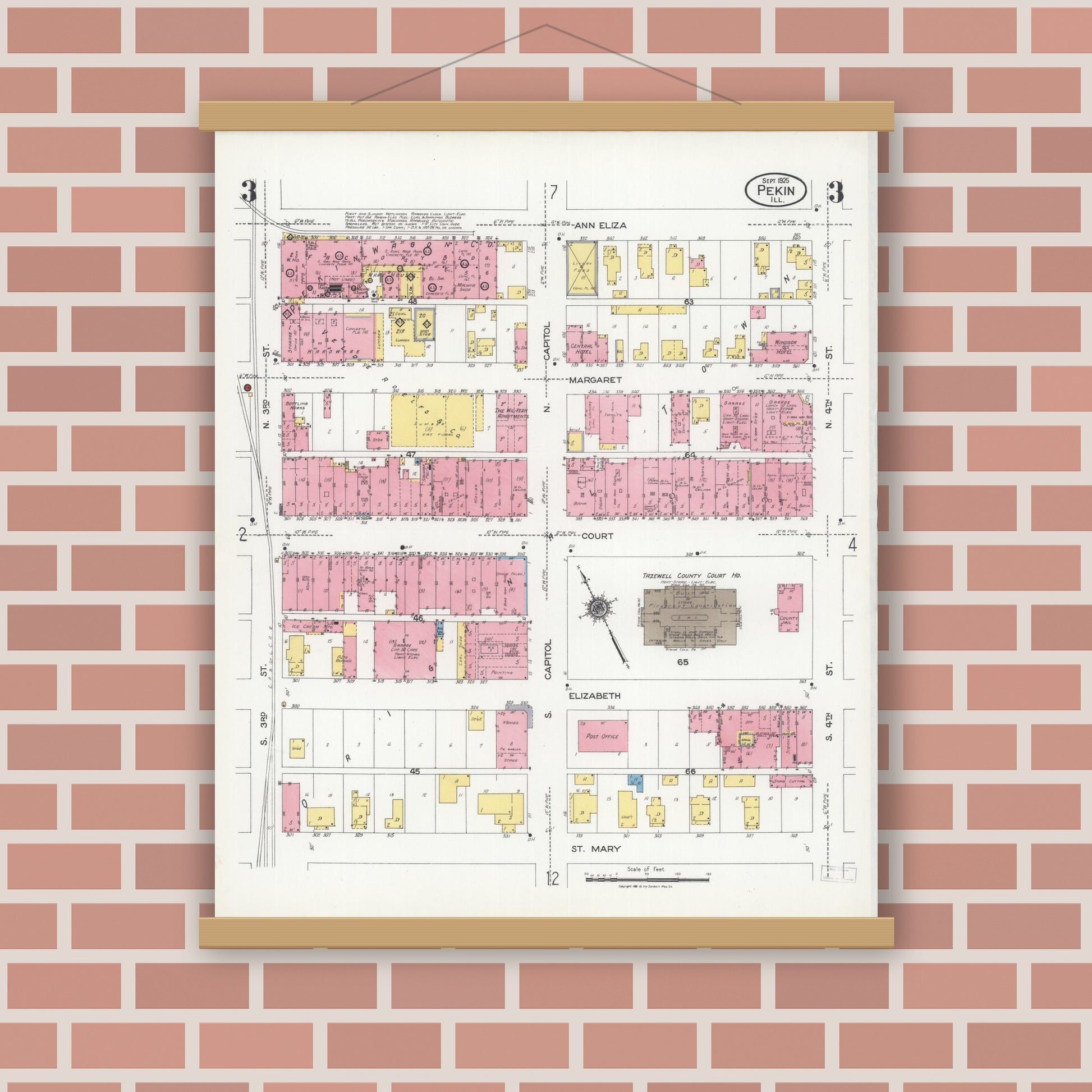 Old map wall art mockup — magnetic wood frame on brick wall — Sanborn Fire Insurance Map from Pekin, Tazewell County, Illinois (1925), Sheet #0003