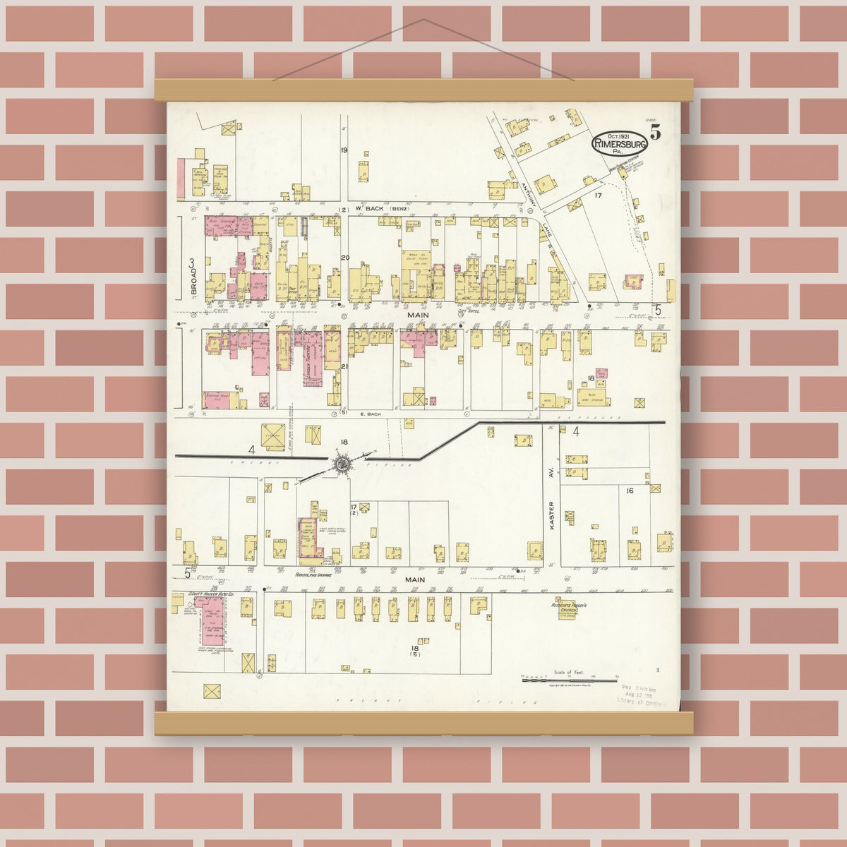 Old map wall art mockup — magnetic wood frame on brick wall — Sanborn Fire Insurance Map from Rimersburg, Clarion County, Pennsylvania (1921), Sheet #0005