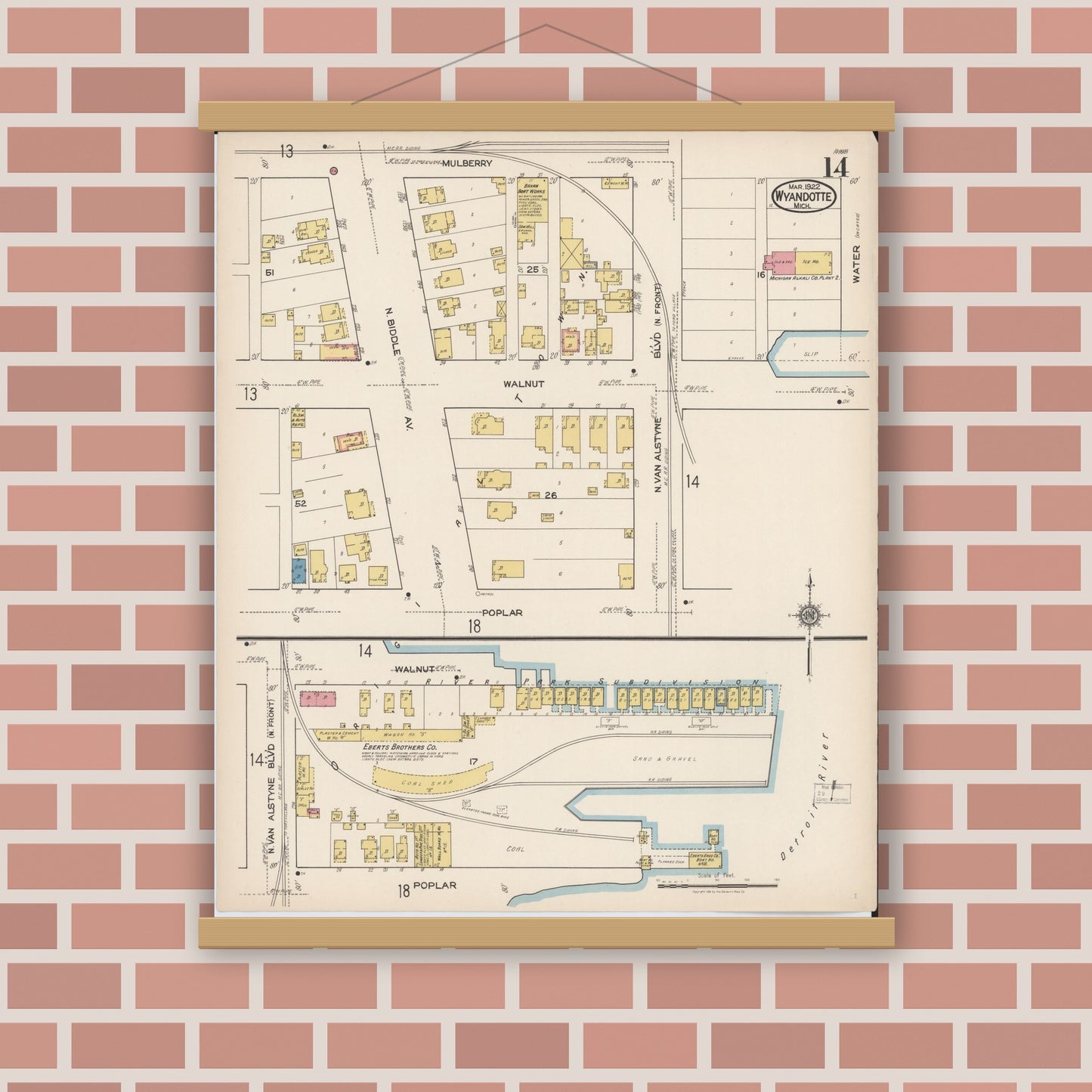 Old map wall art mockup — magnetic wood frame on brick wall — Sanborn Fire Insurance Map from Wyandotte, Wayne County, Michigan (1922), Sheet #0014