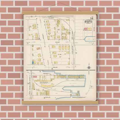 Old map wall art mockup — magnetic wood frame on brick wall — Sanborn Fire Insurance Map from Wyandotte, Wayne County, Michigan (1922), Sheet #0014