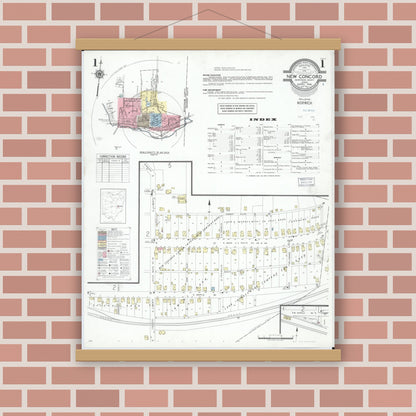 Old map wall art mockup — magnetic wood frame on brick wall — Sanborn Fire Insurance Map from New Concord, Muskingum County, Ohio (1946), Sheet #0001