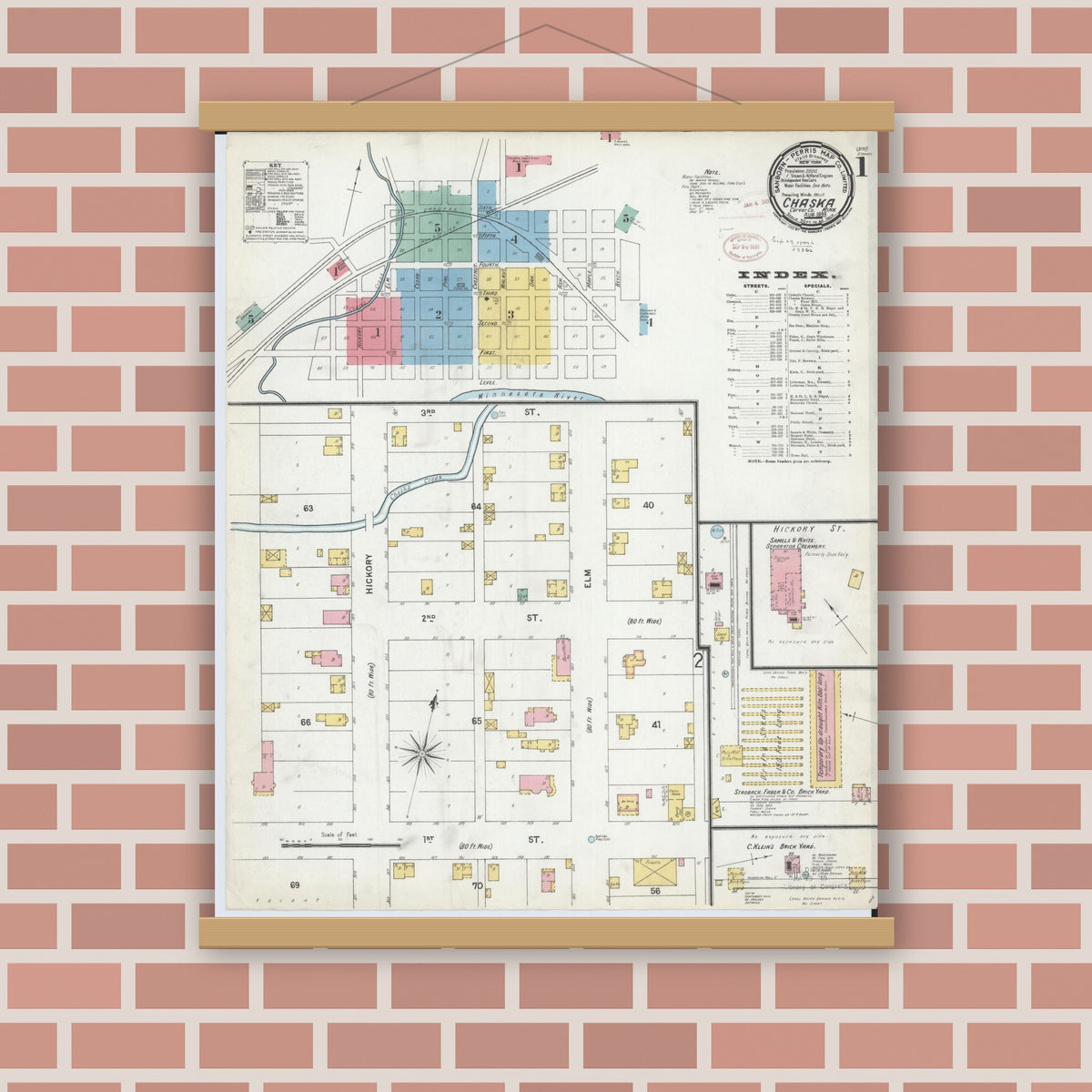 Old map wall art mockup — magnetic wood frame on brick wall — Sanborn Fire Insurance Map from Chaska, Carver County, Minnesota (1899), Sheet #0001