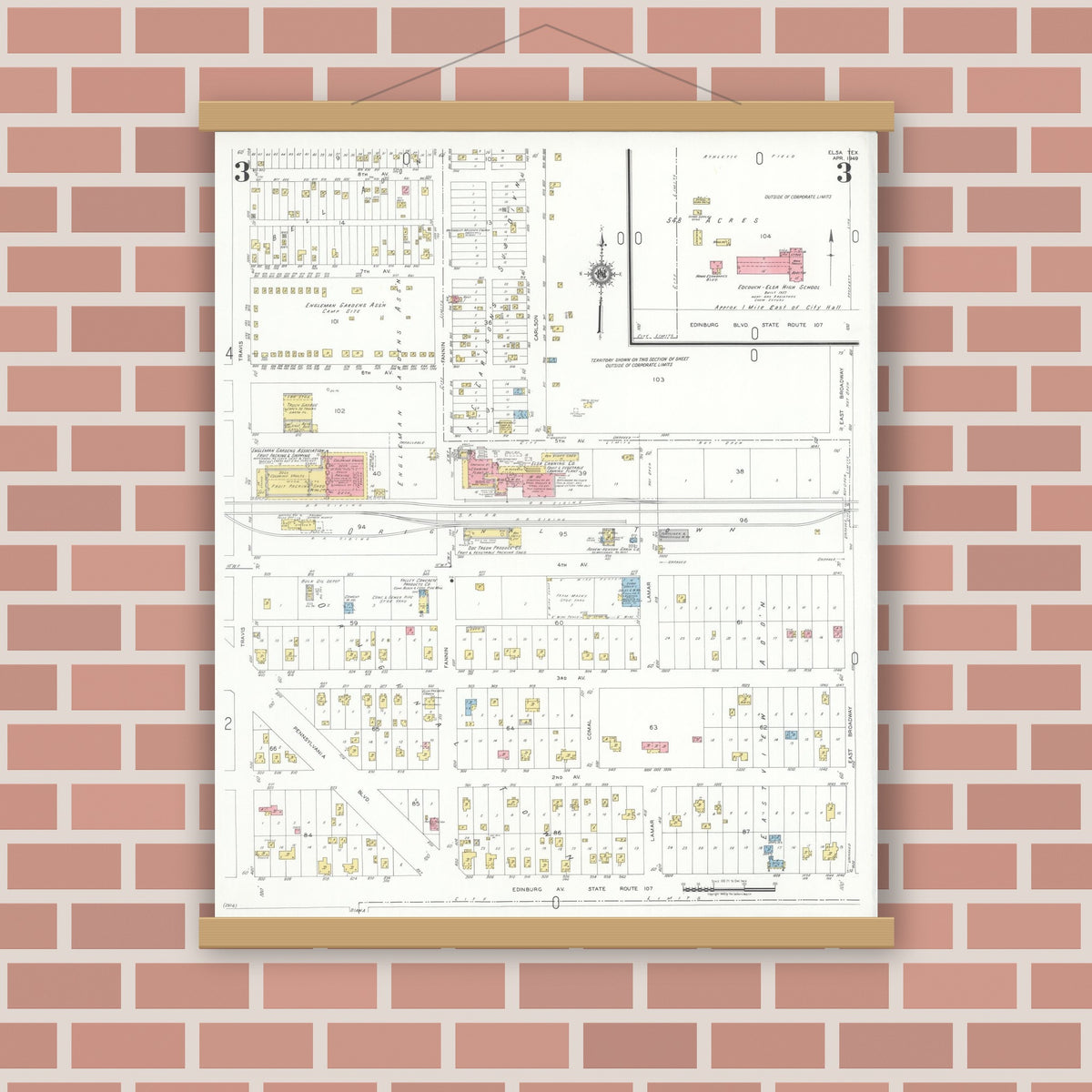 Old map wall art mockup — magnetic wood frame on brick wall — Sanborn Fire Insurance Map from Elsa, Hidalgo County, Texas (1949), Sheet #0003