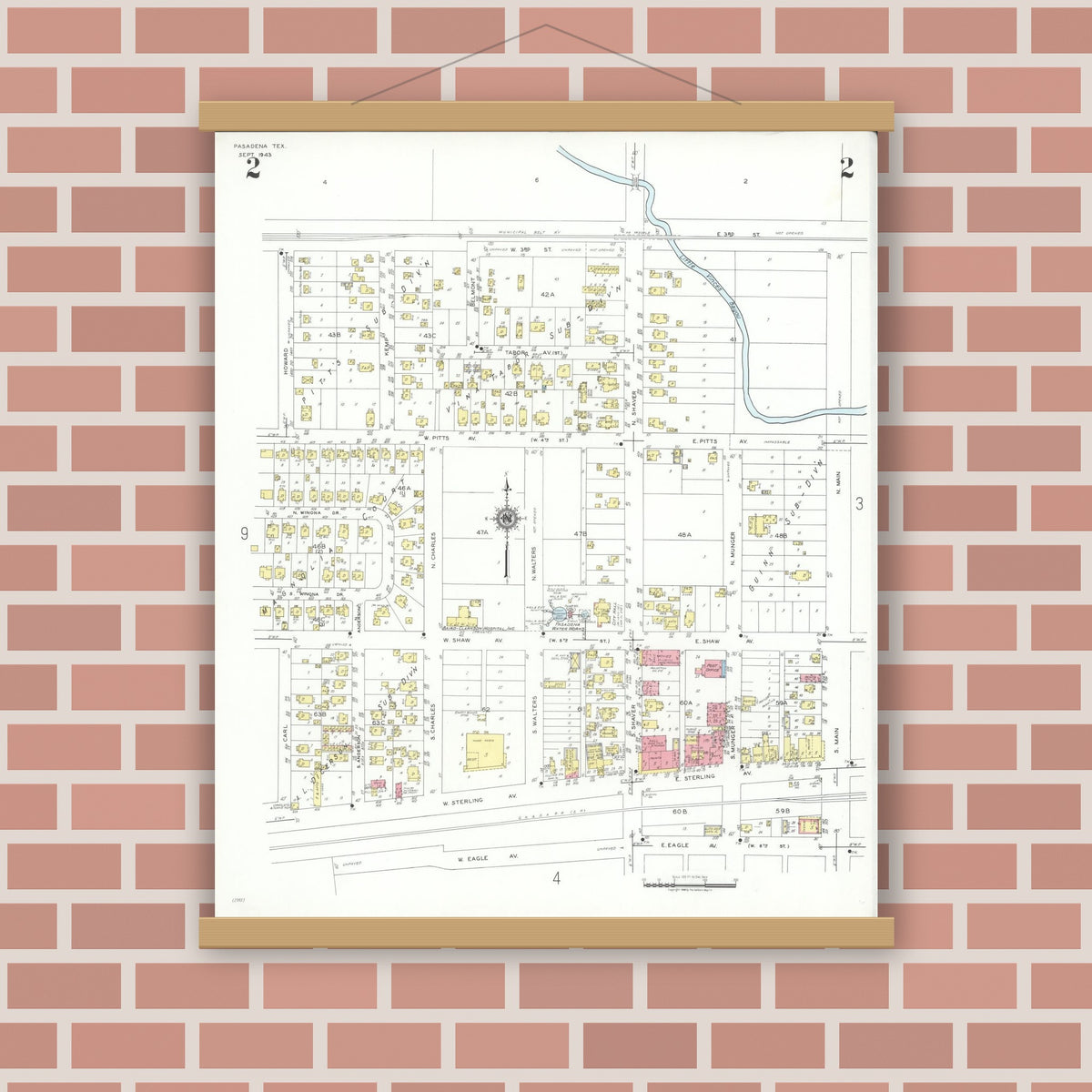 Old map wall art mockup — magnetic wood frame on brick wall — Sanborn Fire Insurance Map from Pasadena, Harris County, Texas (1943), Sheet #0002
