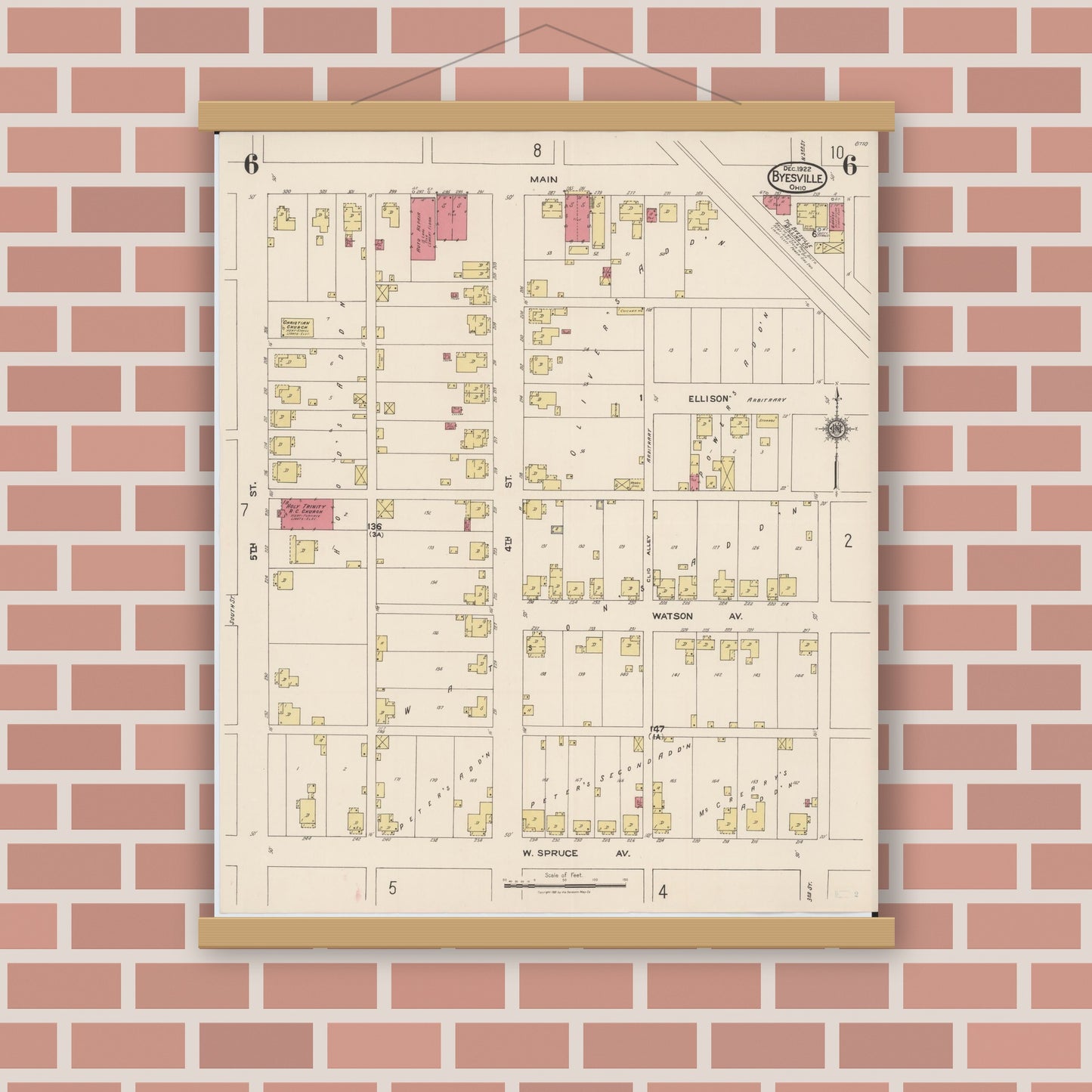 Old map wall art mockup — magnetic wood frame on brick wall — Sanborn Fire Insurance Map from Byesville, Guernsey County, Ohio (1922), Sheet #0006