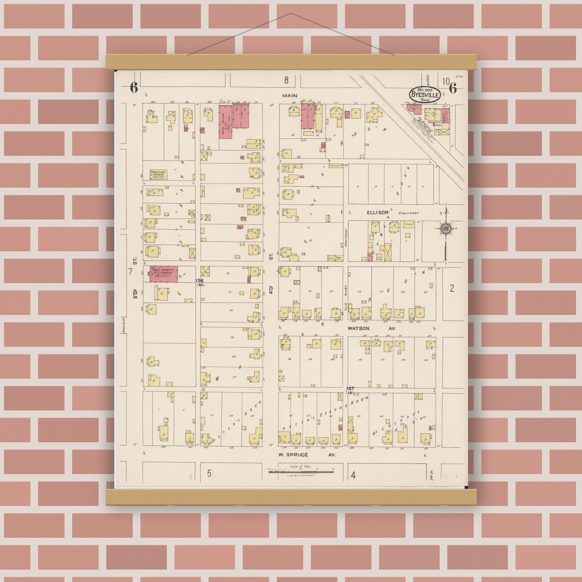 Old map wall art mockup — magnetic wood frame on brick wall — Sanborn Fire Insurance Map from Byesville, Guernsey County, Ohio (1922), Sheet #0006