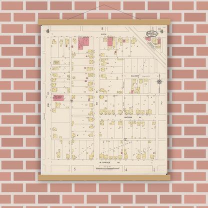 Old map wall art mockup — magnetic wood frame on brick wall — Sanborn Fire Insurance Map from Byesville, Guernsey County, Ohio (1922), Sheet #0006