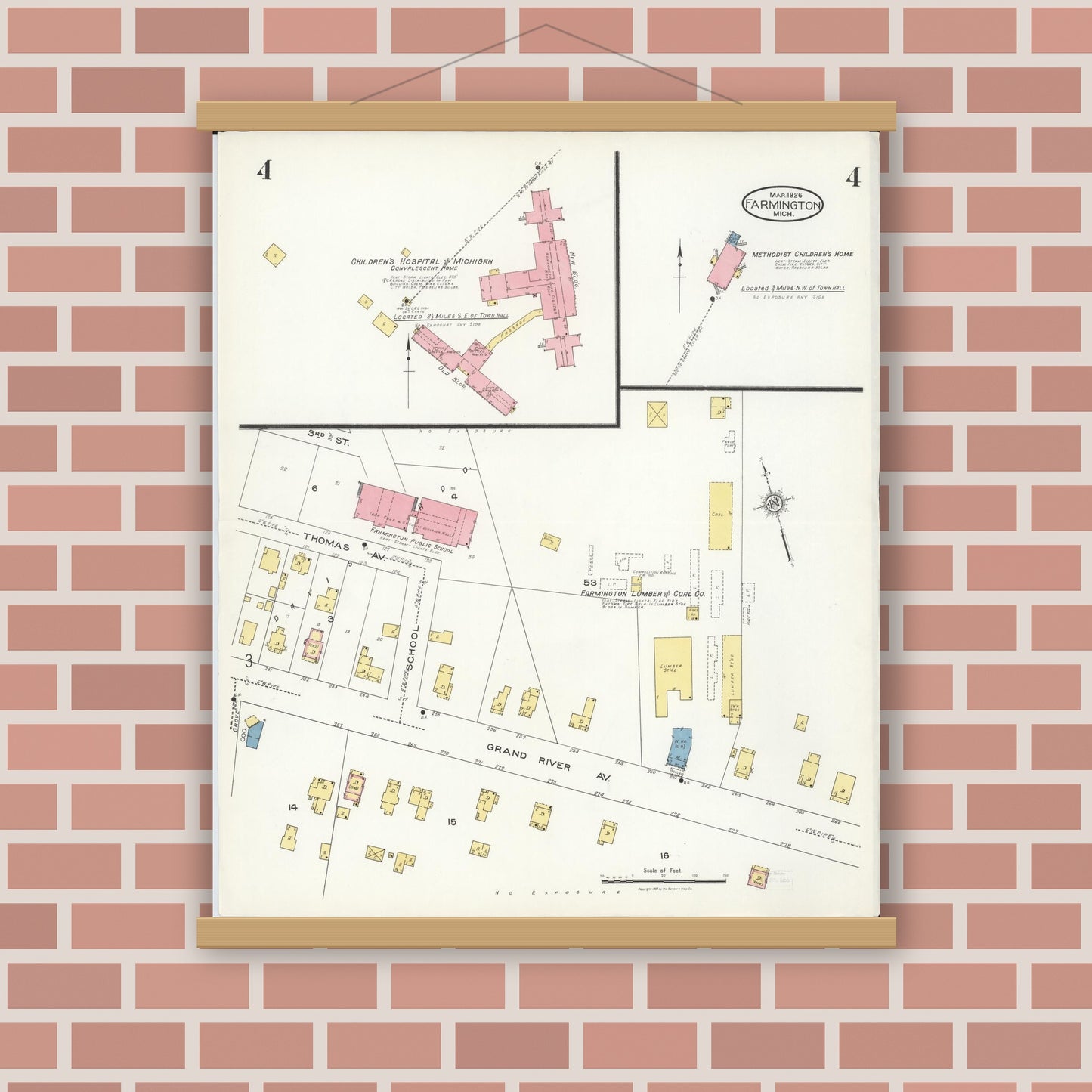 Old map wall art mockup — magnetic wood frame on brick wall — Sanborn Fire Insurance Map from Farmington, Oakland County, Michigan (1926), Sheet #0004