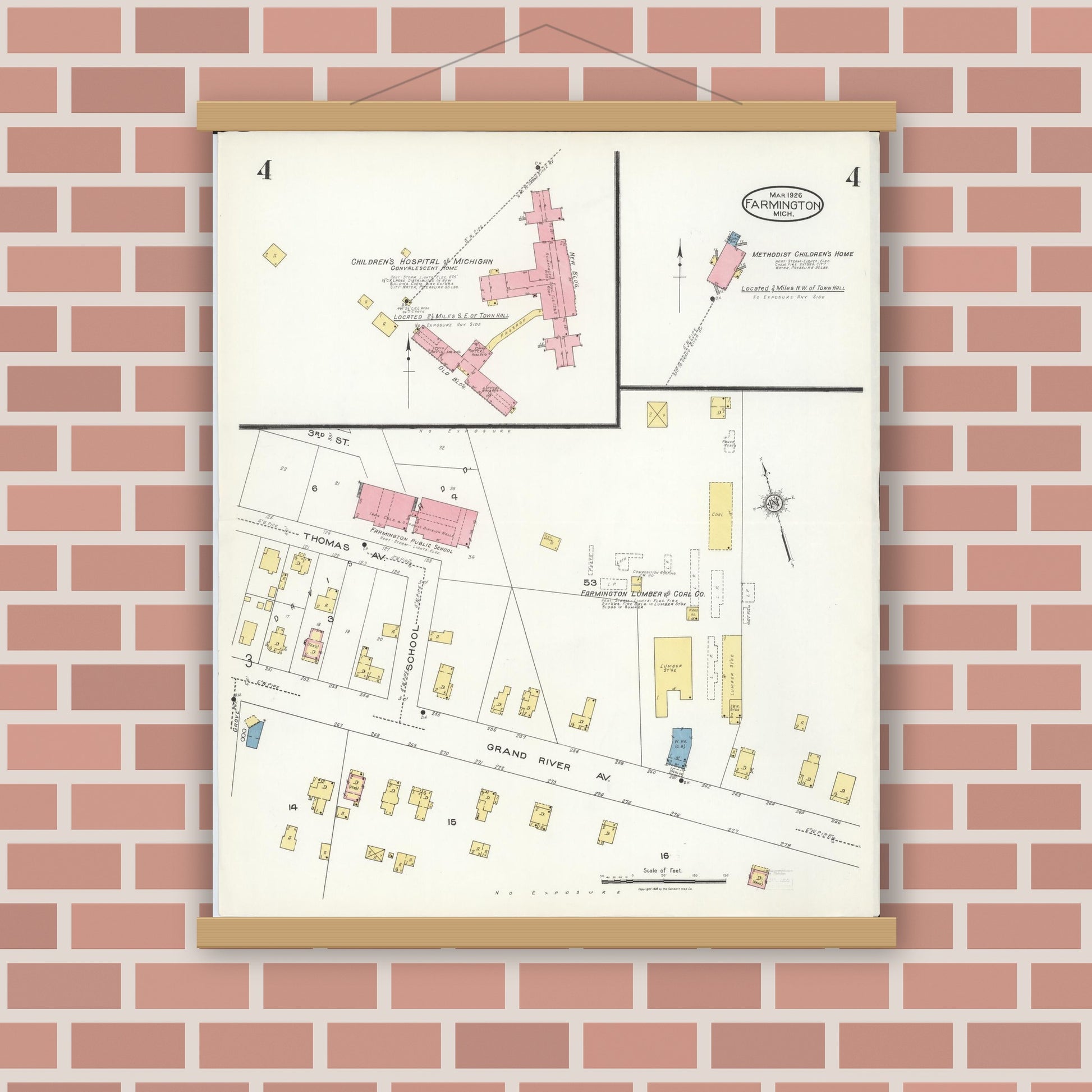 Old map wall art mockup — magnetic wood frame on brick wall — Sanborn Fire Insurance Map from Farmington, Oakland County, Michigan (1926), Sheet #0004