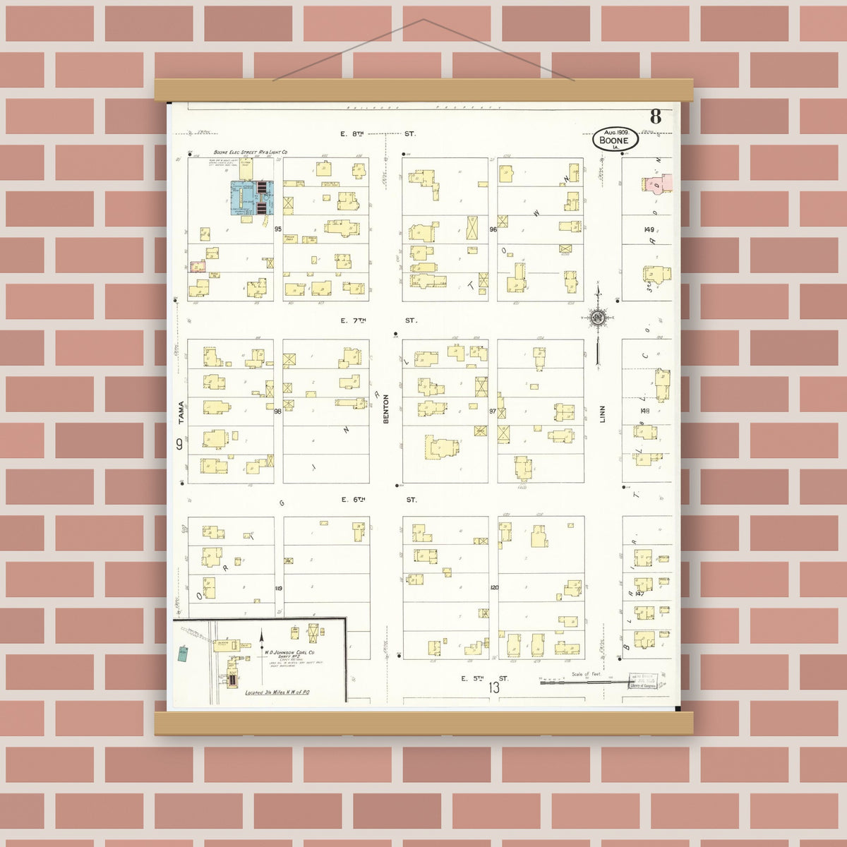 Old map wall art mockup — magnetic wood frame on brick wall — Sanborn Fire Insurance Map from Boone, Boone County, Iowa (1909), Sheet #0008