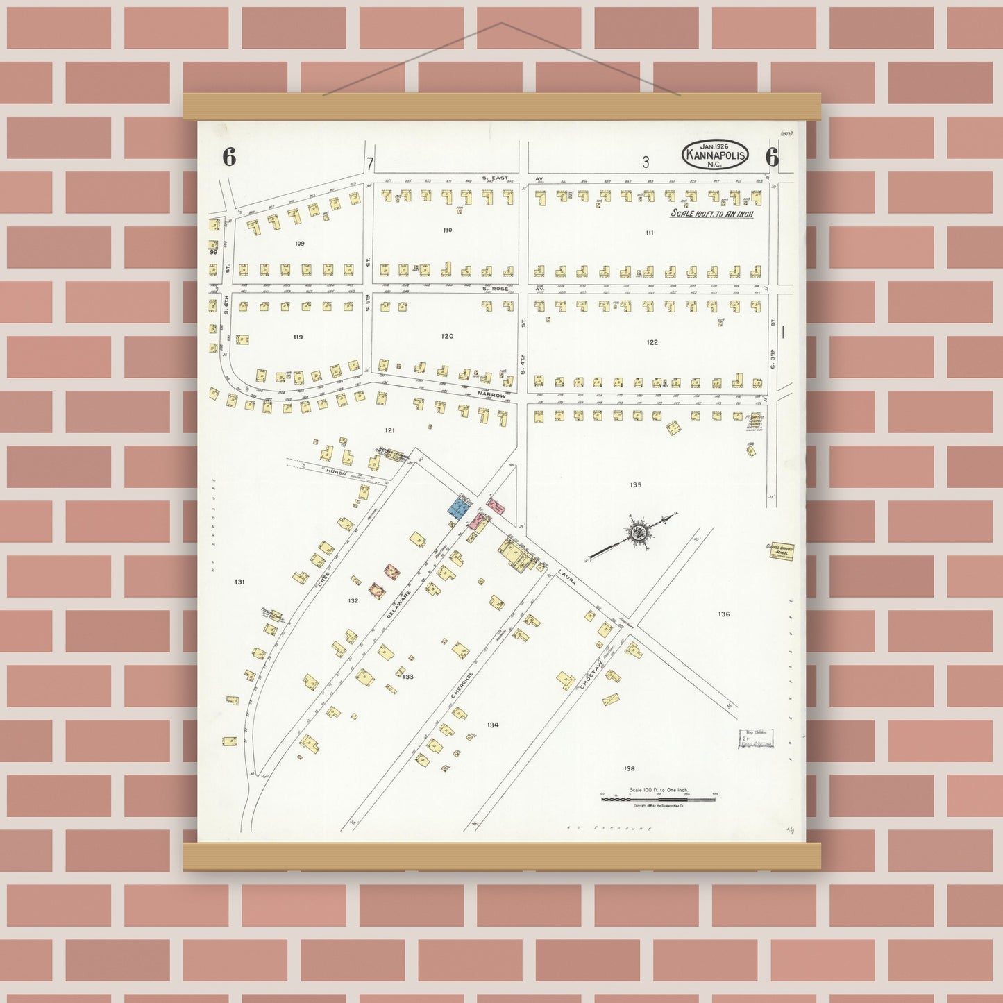 Old map wall art mockup — magnetic wood frame on brick wall — Sanborn Fire Insurance Map from Kannapolis, Rowan And Cabarrus Counties, North Carolina (1926), Sheet #0006