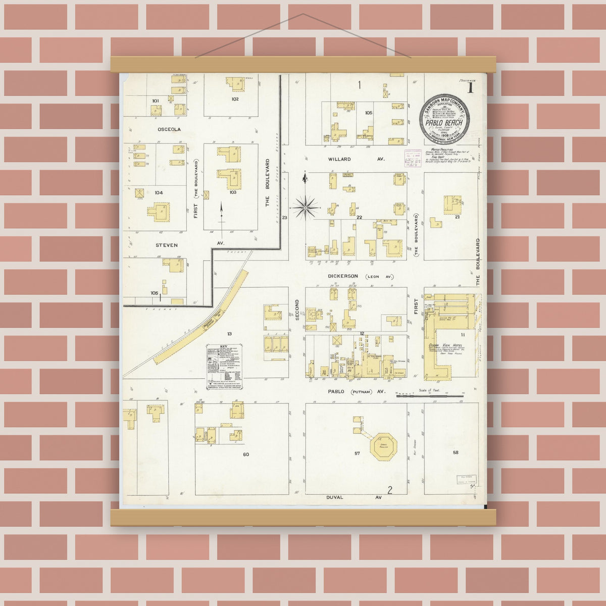 Old map wall art mockup — magnetic wood frame on brick wall — Sanborn Fire Insurance Map from Pablo Beach, Duval County, Florida (1909), Sheet #0001