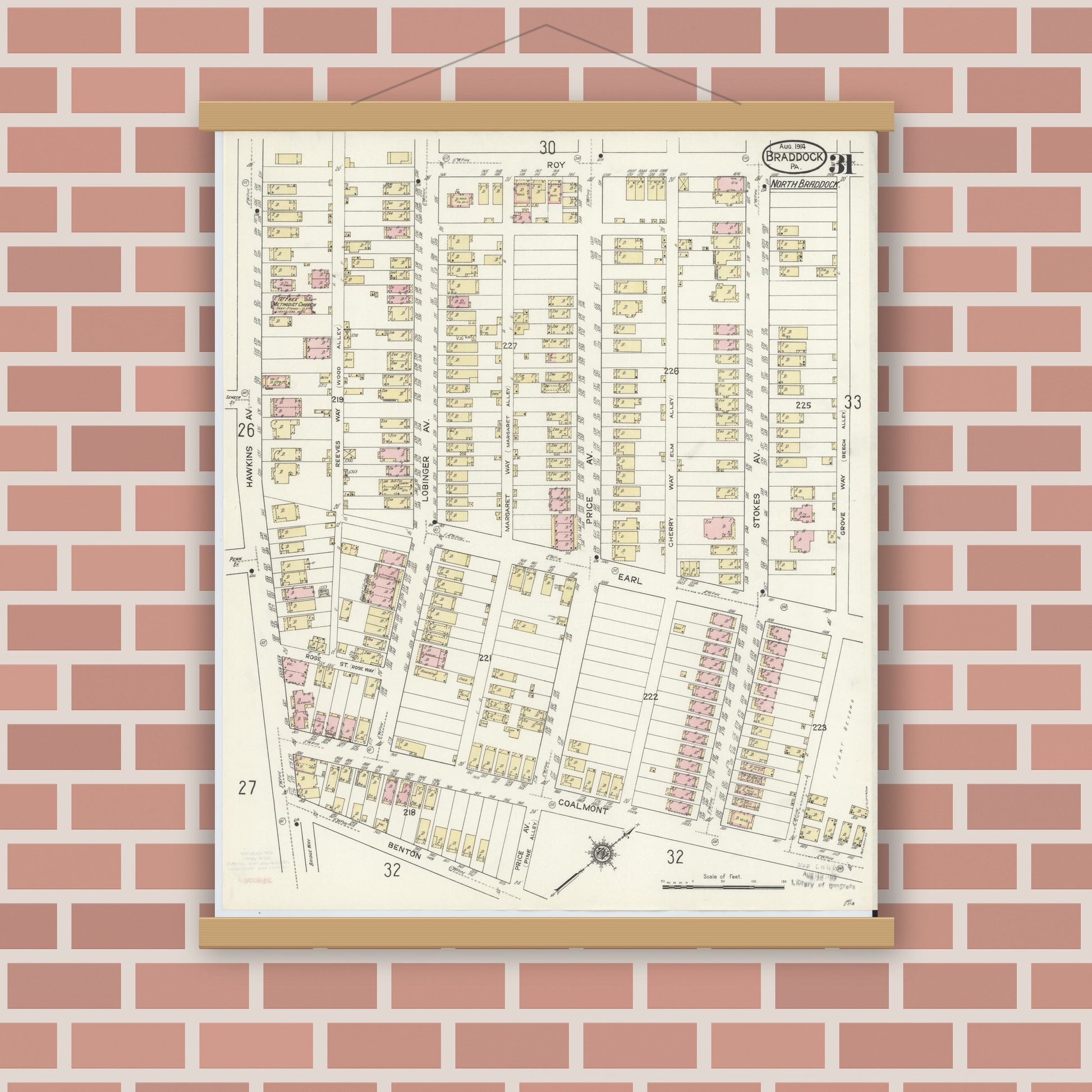 Old map wall art mockup — magnetic wood frame on brick wall — Sanborn Fire Insurance Map from Braddock, Allegheny County, Pennsylvania (1914), Sheet #0031