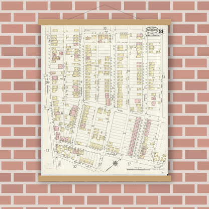 Old map wall art mockup — magnetic wood frame on brick wall — Sanborn Fire Insurance Map from Braddock, Allegheny County, Pennsylvania (1914), Sheet #0031